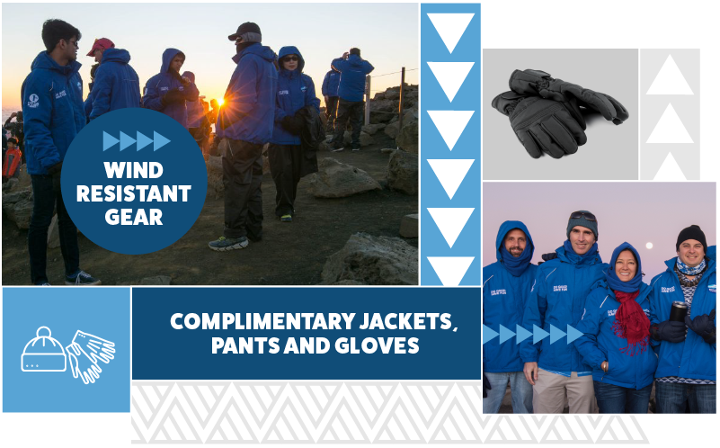 our warm gear will block the wind on the volcano