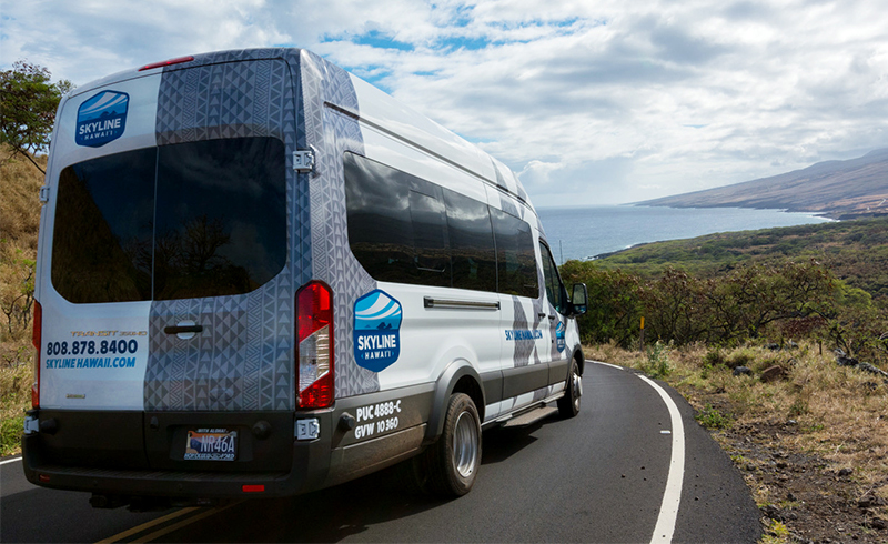 Tour van with an ocean view